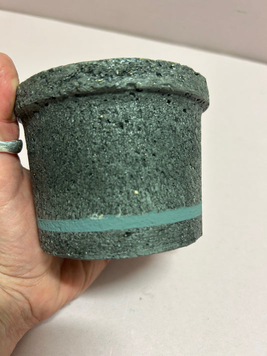 Black small concrete pot with livid coloured stripe