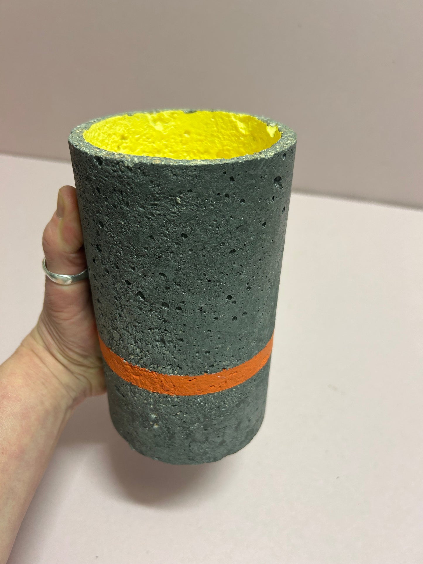 Black Cylinder pot orange stripe & yellow