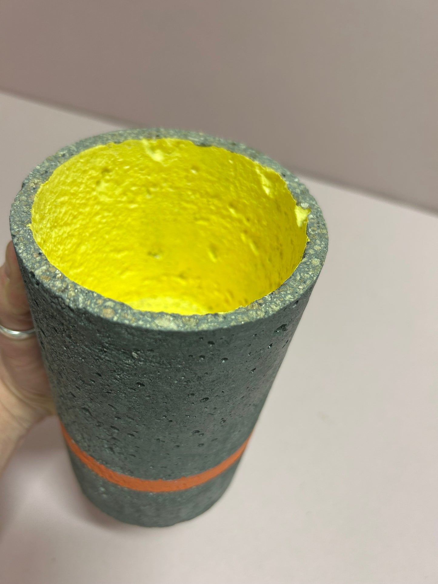 Black Cylinder pot orange stripe & yellow