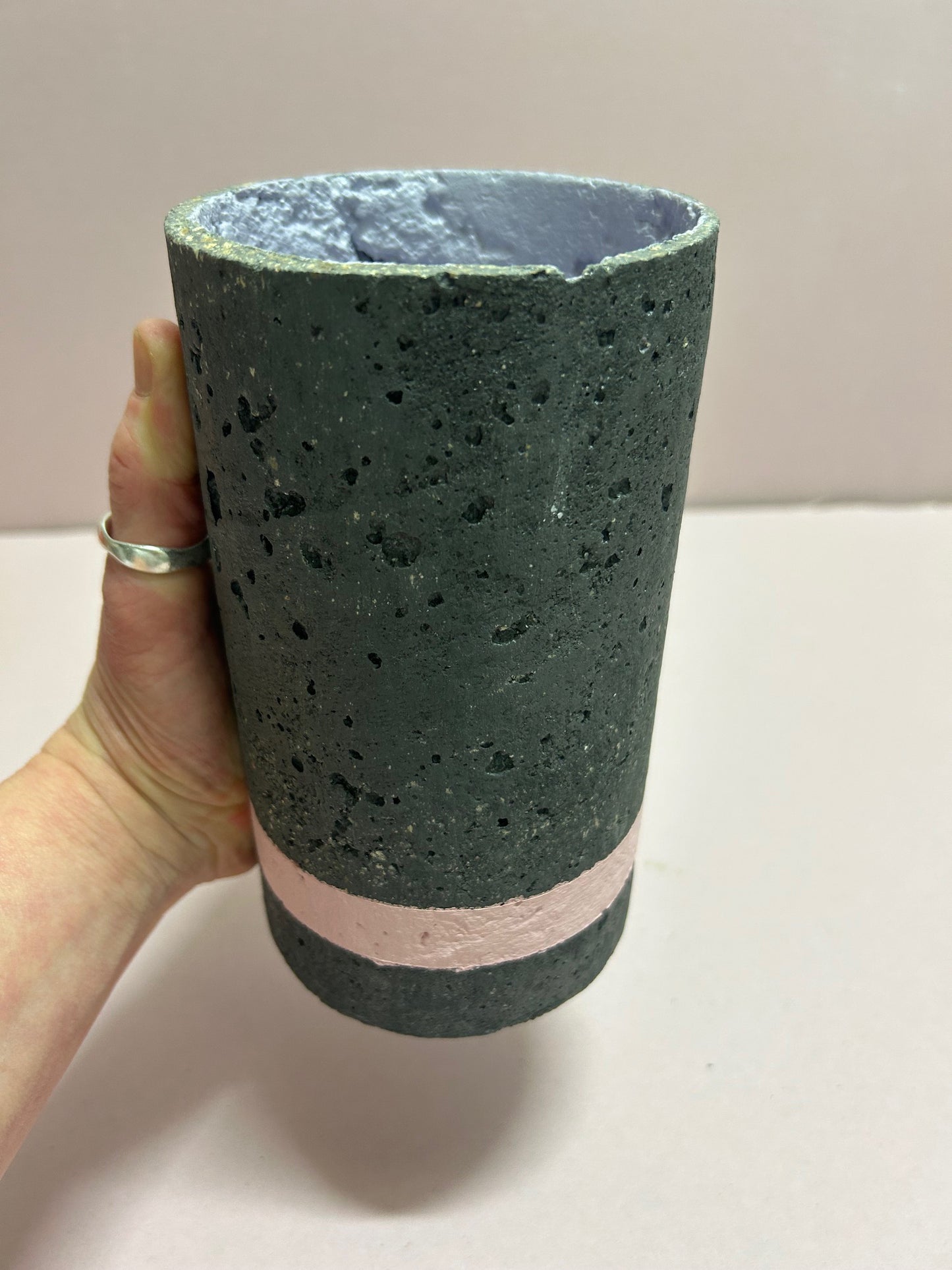 Black Cylinder pot pink stripe & lavender