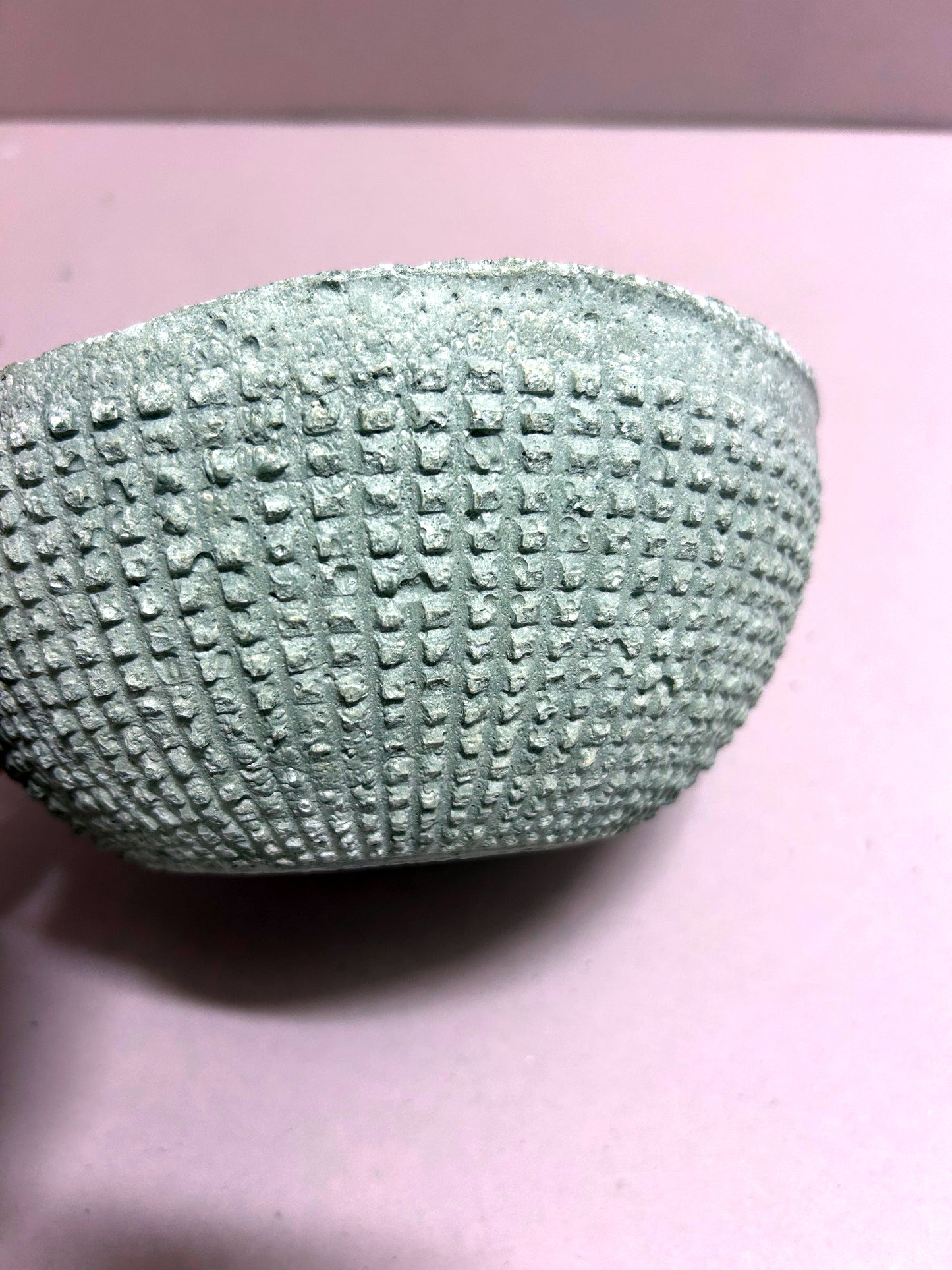 Small textured concrete bowl with green inside