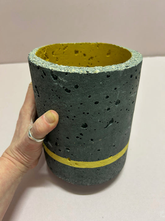 Black Cylinder pot yellow stripe & mustard