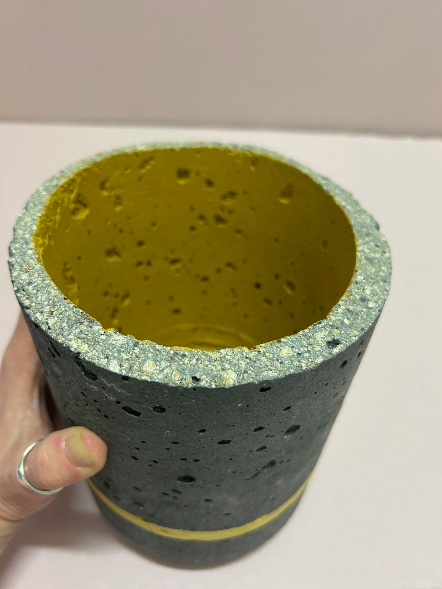 Black Cylinder pot yellow stripe & mustard