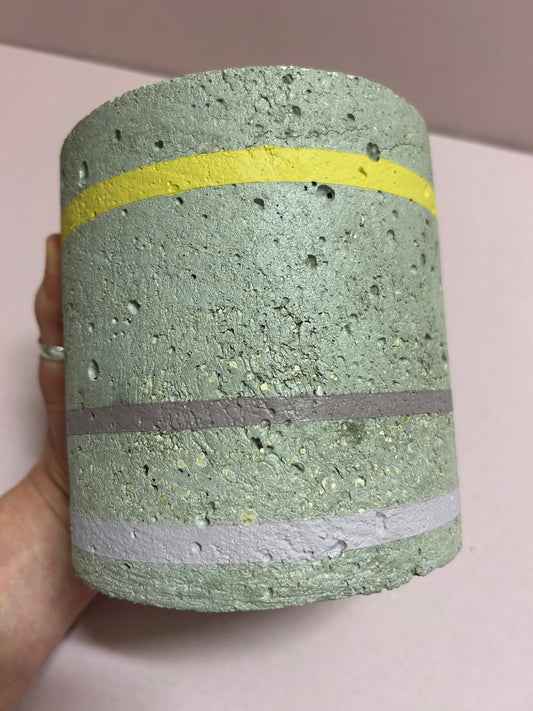 Cylinder pot with yellow & pink stripes