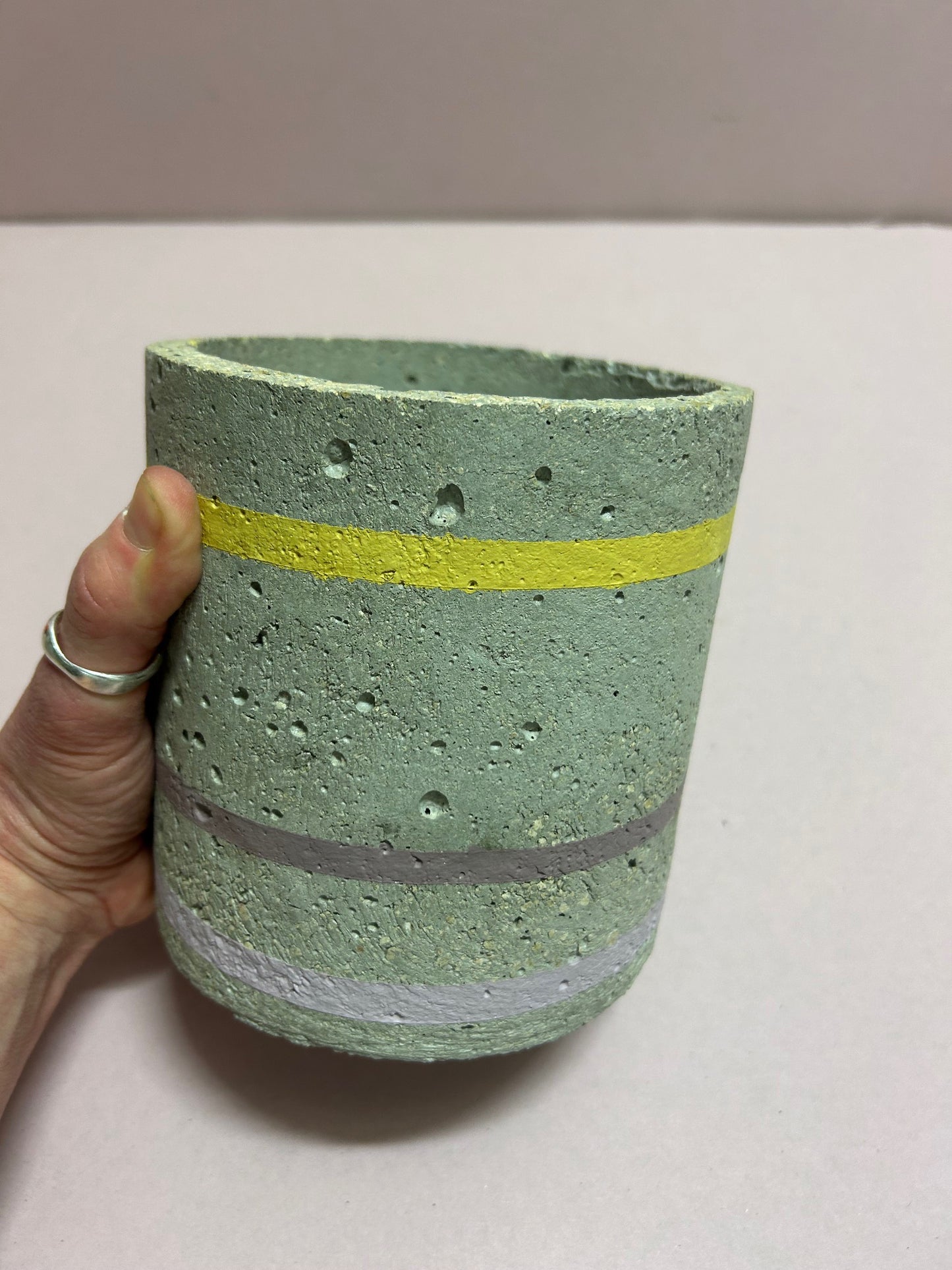 Cylinder pot with yellow & pink stripes