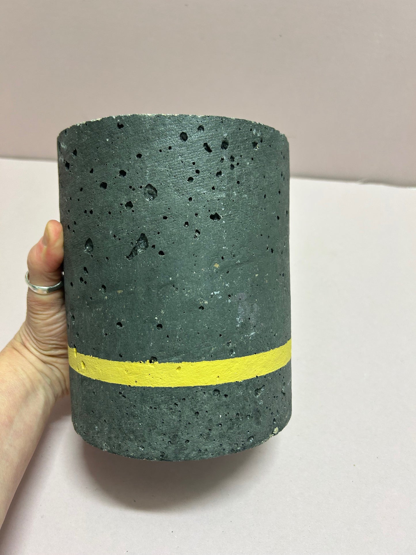 Black Cylinder pot yellow stripe & mustard